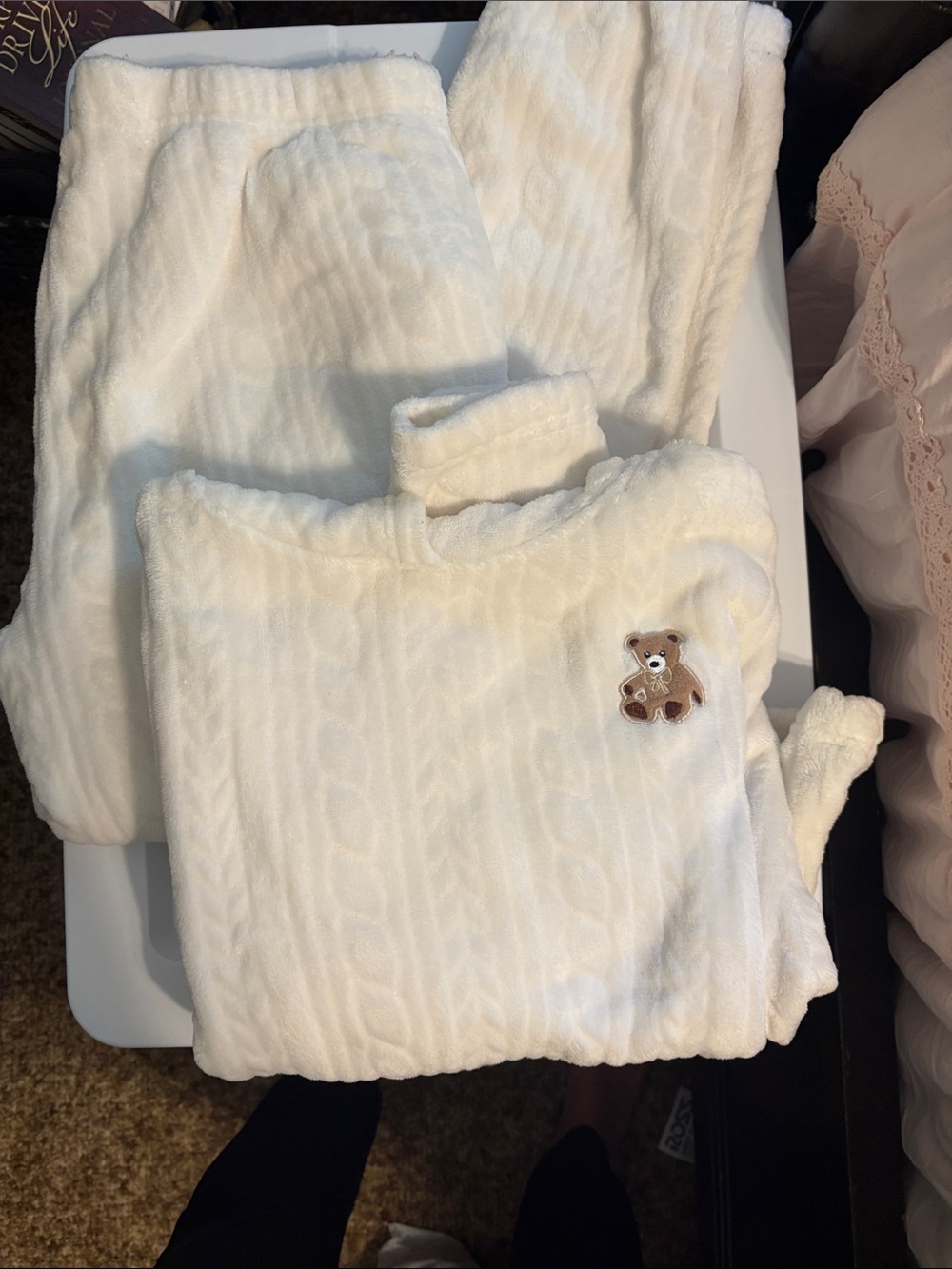 Cream Plush Kids Pajama Set with Teddy Patch